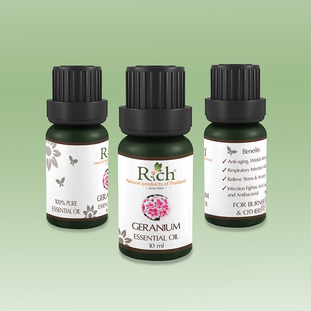 Rich Products_Aroma_100% Essential Oil_Geranium_10 ml_Bottles_Front-Sides